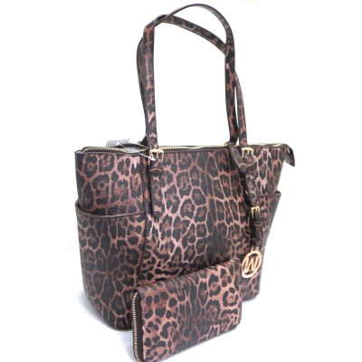LE1009-BROWN LEOPARD VEGAN LEATHER PURSE WITH MATCHING WALLET